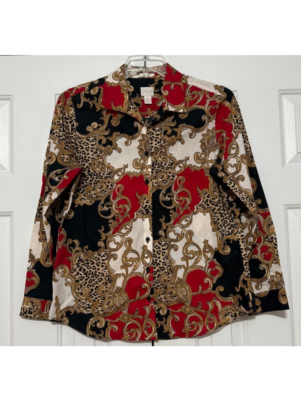 Chico's No-Iron Baroque & Leopard Print Blouse, Size 1